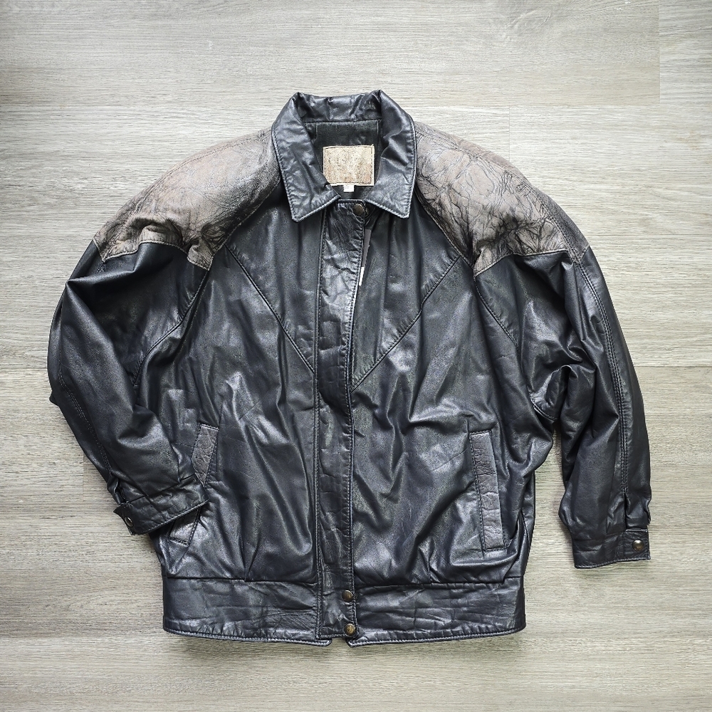 Unisex Classic Retro Black Leather Bomber Jacket 80s
